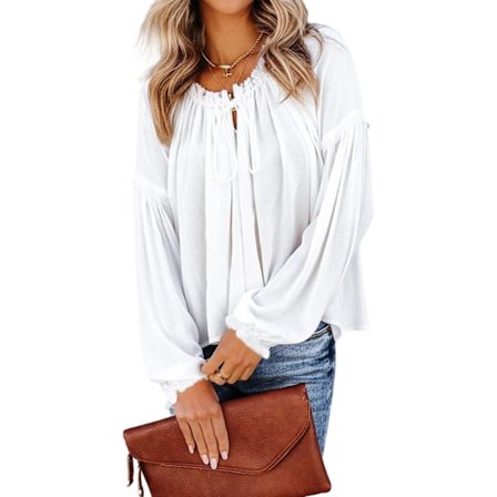 ivimos Dame Langærmet Efterår V-hals Udskæring Foran Knytbluse med Flæsekrave Casual Bomuldstop Hvid Medium