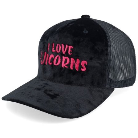 Unicorns - Svart trucker Keps - I Love Unicorns Velvet Black/Black A-frame Trucker @ Hatstore
