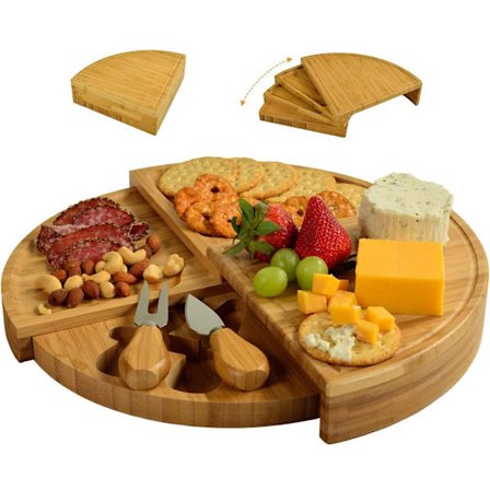 Bambus Ostebakke med Skjult Rum og 2 Osteknive, Alsidig Serveringsbakke til Ost, Kød, Grøntsager, Salat, Kiks, Frugt
