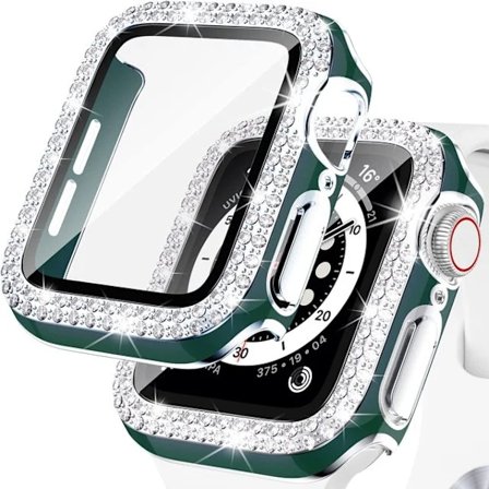 Bling Glass+ cover til Apple Watch Case 45mm 41mm 40mm 44mm 42mm 38mm Diamant bumper+skærmbeskytter iwatch serie 7 9 8 5 6 SE B grøn sølv