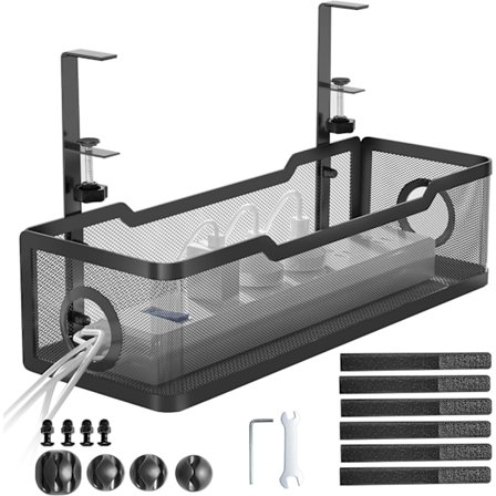 Kabelbakke til under skrivebord, sort, uden boring, klemme-montering, moderne, 34 cm