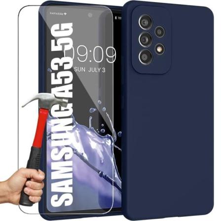 Etui til Samsung A53 5G + 2 hærdede briller, mat silikonebeskyttelse Marineblå