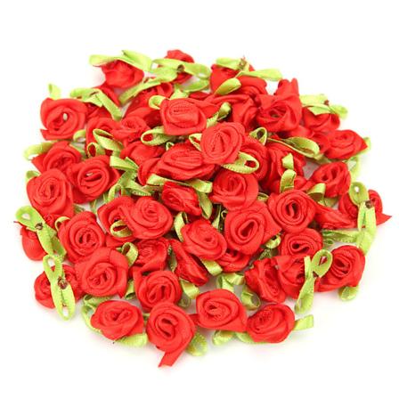 450 stk. Mini Bånd Rose Dekoration Sløjfe Blomst med Blad Ornament til DIY Syning Håndværk Rød