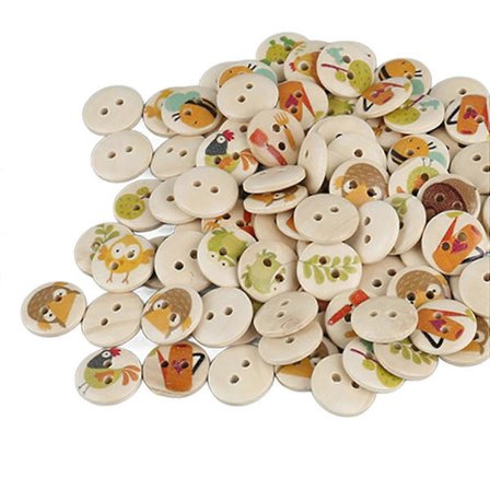 100 stk. blandede træknapper med tryk, 2 huller, runde dekorative træknapper til syning, håndværk, træstammer Co