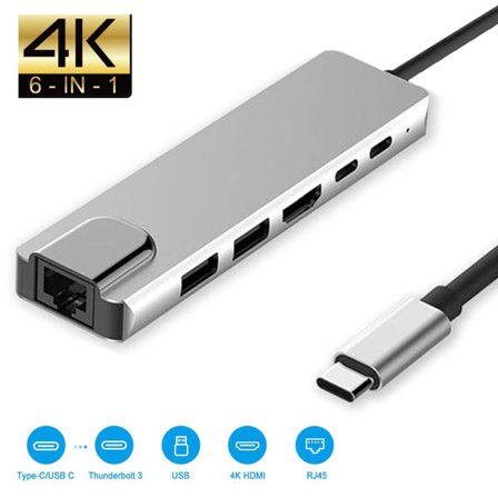 IC USB C-hubb, 6-i-1 USB C-adapter med 4K 30Hz HDMI, 100W PD, 3