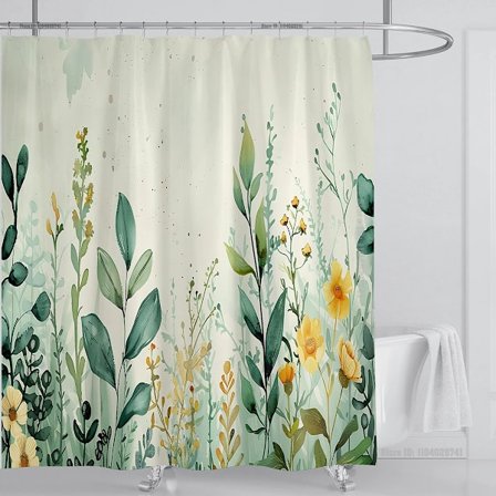 Akvarel Blade Bruseforhæng Sæt Vandtæt Blomsterplante Blade Stof Badeværelsesforhæng med Kroge, B180xH200cm