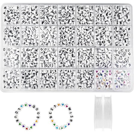 1400 perler for armbånd, 7 x 4 mm, AZ, hvite bokstavperler, alfabet og fargerike hjerteperler med 2 elastiske tråder, for smykkelaging