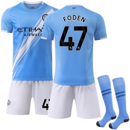 2025-2026 Manchester City Hjemmebane Børnefodboldtrøje med sokker Nr. 47 Foden