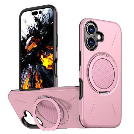 Kompatibel med iPhone 17 robust og holdbart etui, roterende magnetisk holder, to-i-en faldsikker Apple etui (pink)