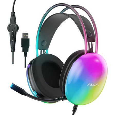 USB Gaming Headset med mikrofon til pc, RGB Rainbow Baggrundsbelyst, Virtuel 7.1 Surround Sound, 50mm Driver, Bløde Memory Øremuffer, Kablet Bærbar