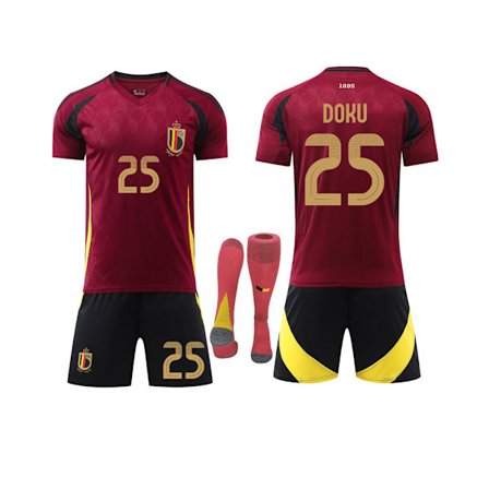 2425 säsong Belgien hemma röd nr 25 Doku fotbollstema tröja set vuxna barn storlek