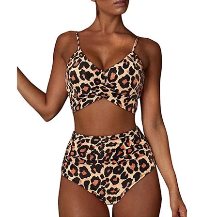 Damomslag Bikini Set Push Up Hög Midja Tvådelad Baddräkt Split Ormhudstryck Baddräkt för Simning Vattensport (Leopardtryck) XXL