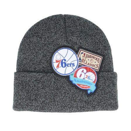 Mitchell & Ness - NBA Noir cuff Bonnet - Philadelphia 76ers XL Logo Patch Knit Heather Black Cuff @ Hatstore