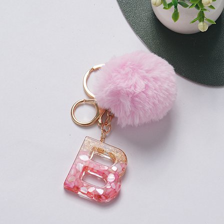 e Nyckelring Rosa Pompom Boll Nyckelring med 26 Bokstäver Harts Nyckelringar