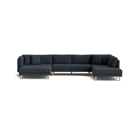 Cali U-sofa, venstrevendt - Hygge Mørkeblå - 374x220x76cm - Dobbelt Chaiselong U-sofa med Bøgetræsben & 4 Pyntepuder