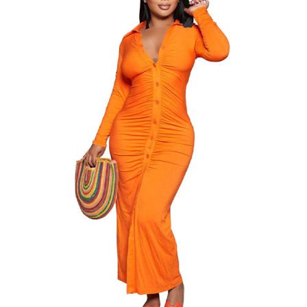Kvinnor Veckad V-ringad Maxiklänningar Långärmad Enfärgad Klänning