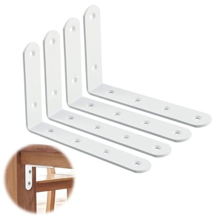 Hyldebeslag, 4 stk. Hvide Hyldebeslag, L-formede Vinkelbeslag, Metal L-beslag til Hylder, Vægmonterede Hyldestøtter, Stabile og Kraftige