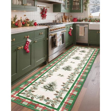 Christmas Mat Long Rug 60x180/120x180cm Non-Slip Kitchen Rug Check Pattern Christmas Tree Mat for Hallway and Bedroom