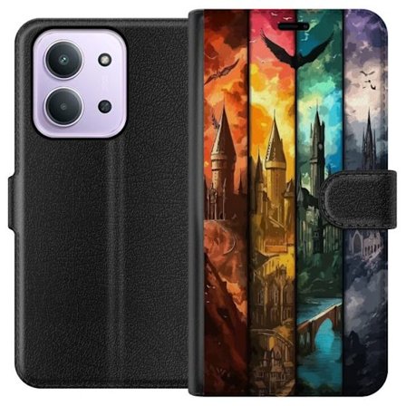 Kompatibel Tegnebogsetui til Xiaomi Xiaomi Redmi 15C Fire magiske slotte i forskellige elementfarver, episk fantasykunst med ild vand luft og mørke i