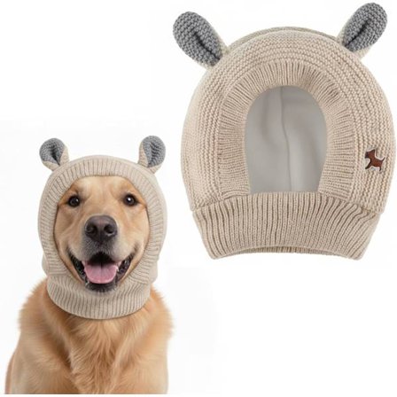 Vinterstrikket Hunde Pom Pom Hue med Vindtætte Øreklapper - Varm Kæledyrshue til Små & Mellemstore Hunde (Beige)
