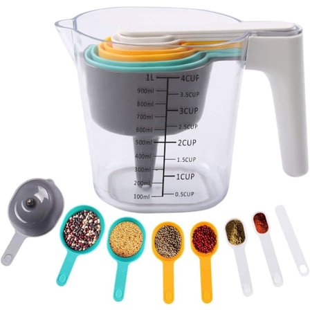 Mätkopp med måttskedar, 1000ML mätbägare med skrapa, tratt och 6 måttskedar för kök