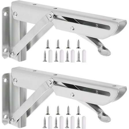 Mordely 2 Pack 8 Inch Folding Shelf Brackets, Heavy Duty Stainless Steel Folding Wall Mount L Shape, 90 Degree Support Bracket For Wood