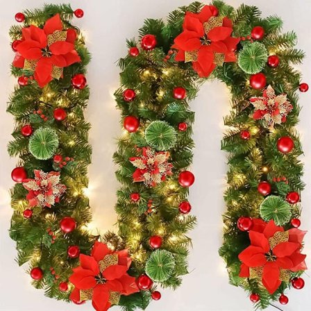 Konstgjord julkrans med ljus, 270 cm - Kompatibel med öppen spis, dörrar, fönster, trappor