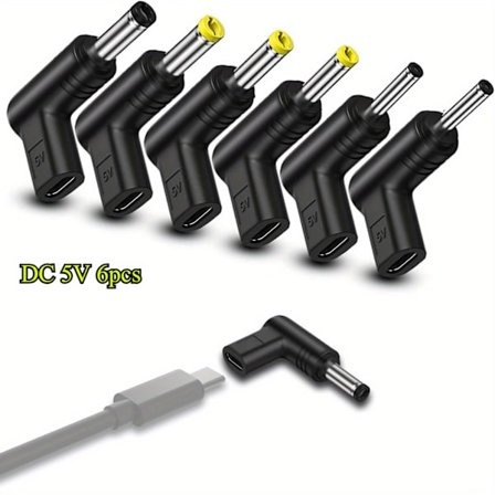 Sæt med 6 USB Type-C 90 graders 5V hun til han DC barrel-stik i forskellige størrelser, egnet til opladning af routere.