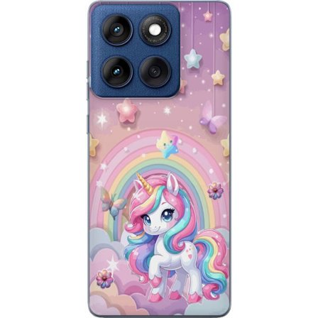 Yhteensopiva Puhelinkuori Motorola Edge 60 Maaginen yksisarvinen, jolla on sateenkaarimane, tähtiä ja perhosia vasten pastellinväristä taivasta, jossa