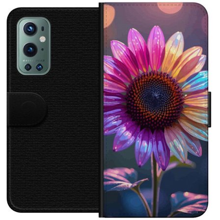 Kompatibelt Lommeboketui til OnePlus 9 Pro Irideserende blomst med glitrende kronblad i rosa lilla og gull mot myk bokeh bakgrunn