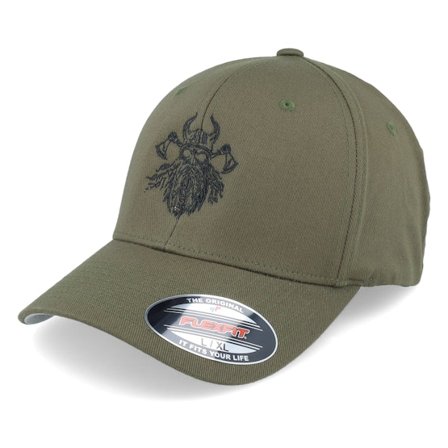 Vikings - Grønn flexfit Caps - Bearded Skull Axe Wooly Combed Olive Flexfit @ Hatstore