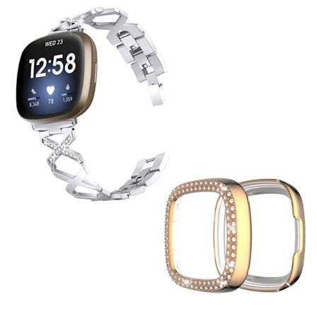 Fitbit Sense / Versa 3 X-formad med strassdekorerat klockarmband med roséguldskal - Silver