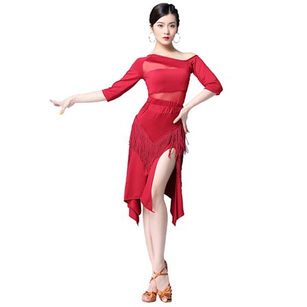 Latin Salsa Ballroom Dansekjole for Kvinner - Sexy Topp og Side Split Frynser Dansekjole