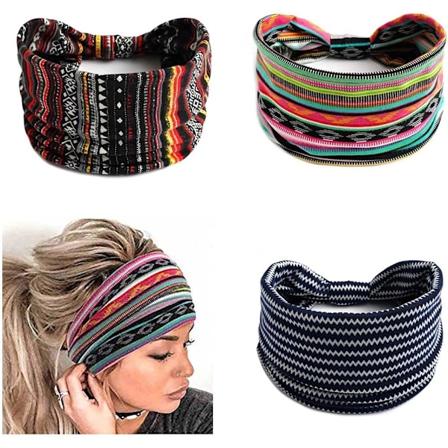 Pakke med brede stripete pannebånd, svart yogapannebånd, knutet turban, hårbånd, vintage elegante pannebånd for kvinner og jenter, festival