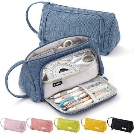 Blå pennal med 3 rom, stor kapasitet pennal, stor