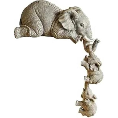Collectible Elephant Shelf Figurine 3-Pack, Mother Elephant Hanging Baby Elephants on Edge, Mantel Decor, Hand Painted Resin Figurines
