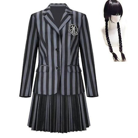 Onsdag Adams Cosplay Costume, College School Uniform Dress with wig Children L