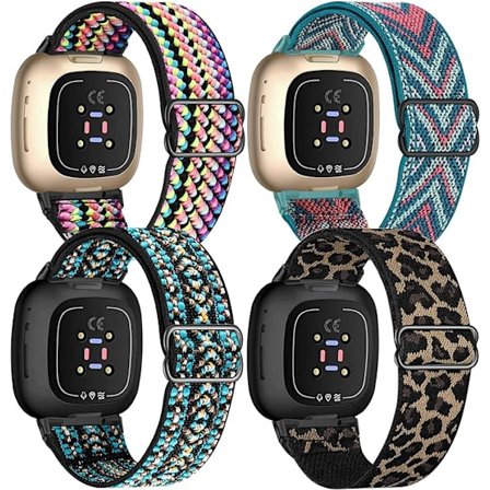 4-pack elastiska nylonband kompatibla med Fitbit Versa 2 / Fitbit Sense, justerbara elastiska tyg smartklockor sportband(BohoRainbow/Green Arrow