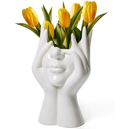 Hvit Keramisk Ansiktsformet Vase - Pampas Vase, Friske Blomster & Bukett - Moderne Innredning Dekorativ Statueformet Vase Ideell for Gave - H18 cm x 