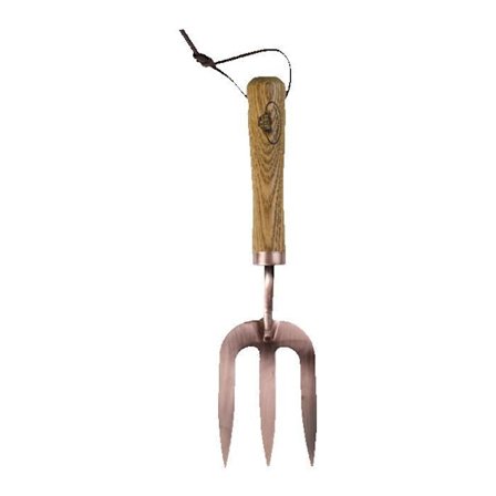 Trädgårdsgaffel i kopparplätering - L 28,3 cm - Ask, stål och läder - Handkratta