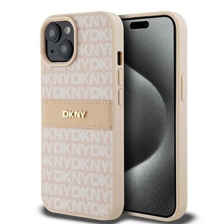 DKNY læderetui med monostribe og metallogo til iPhone 15 Plus / 14 Plus - Pink