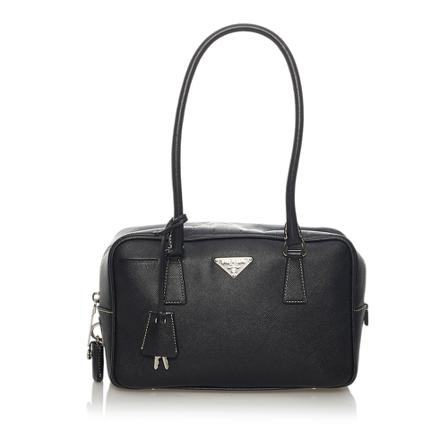 Prada Vintage, Pre-owned Saffiano Bauletto Handbag Zwart, Dames, Maat:ONE Size