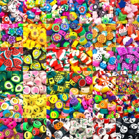 100 bløde keramiske perler blandet med frugt og tegneserie perforerede perler, skåret DIY armbånd perler materiale(slik)