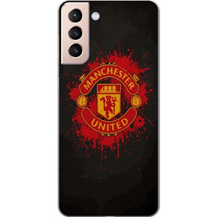 Kompatibelt Mobildeksel til Samsung Samsung Galaxy S21 Manchester United logo i rød og gul farge med røff sportslig bakgrunn