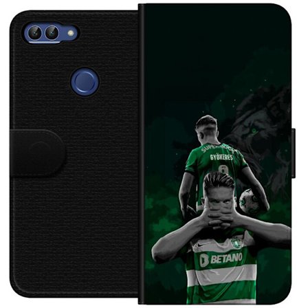 Yhteensopiva Lompakkokotelo Huawei P smart Neonmotiivi, jossa teksti "Gaming is in my DNA" sinisenä ja punaisena tiiliseinällä, jossa loistava DNA-spi