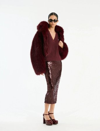 ROTATE Birger Christensen Faux Fur Crop Jacket - Burgundy - L/XL
