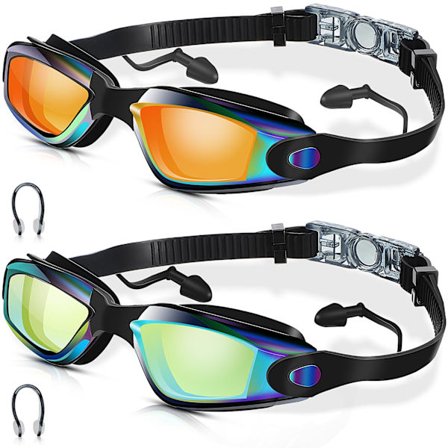 Svømmebriller 2 STK, Lækagesikre anti-dug UV-beskyttelse med næseklemme og ørepropper (Orange & Grøn)