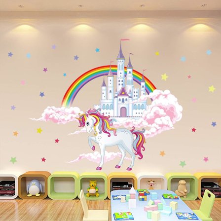 IC Fargerike Unicorn Veggklistremerker Unicorn Veggdekor med Regnbue Hvit Slott DIY Avtagbare Rosa Skyer Stjerner Veggkunstdekor