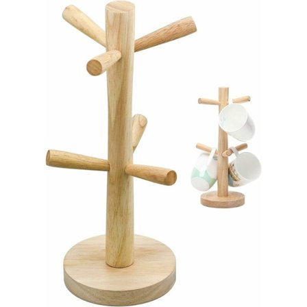 Trækopholder, stilful kopholder, kopholder med 6 kroge, kaffekopholder, gummtræ, til køkken, husholdning, bar