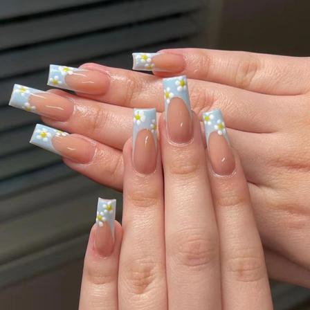 Manikyr Blå Kant Liten Blomma Falska Naglar Nagellapp 24st